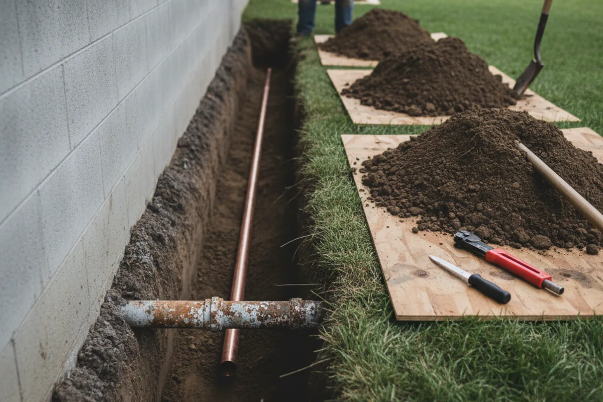 Excavated water line trench during Sewer Line Repair in Downs